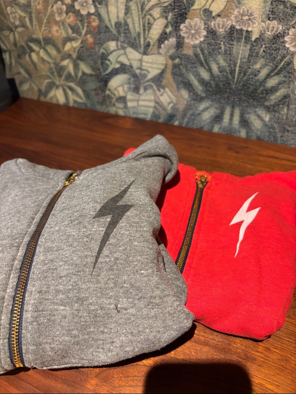 Aviator Nation Kids Zip Hoodies in Gray and Red with Lightning Bolt